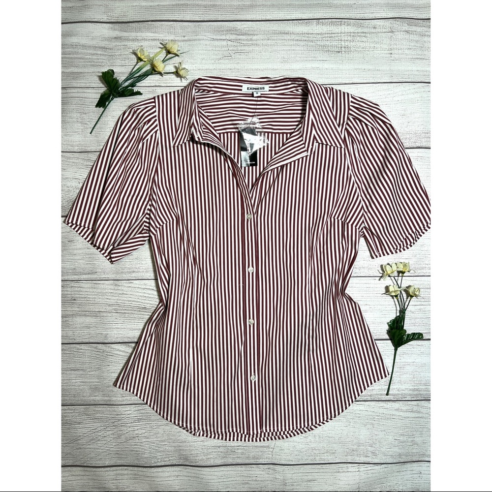 EXPRESS Puff Sleeve Stripe Button Front Collared Top